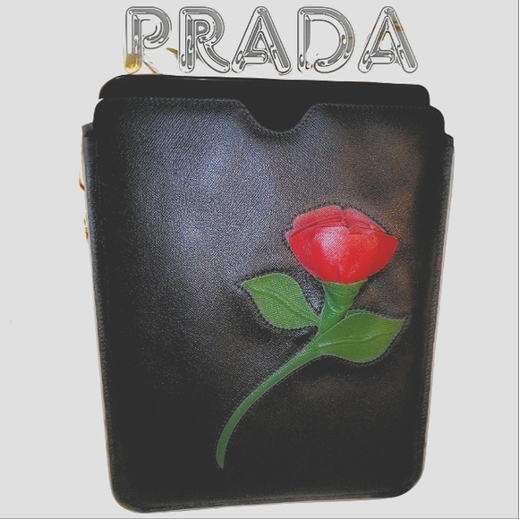 Prada Leather Tablet Sleeve Case Black Red Rose Rare NWT - Picture 1 of 8
